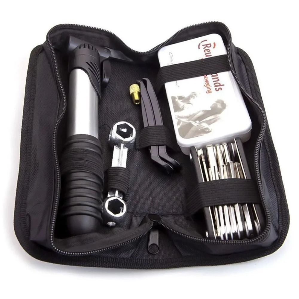 BikeFix Pro™ – Kit Completo de Ferramentas para Bicicleta | Bomba, Chaves, Remendos e Mais 🚴♂️🔧