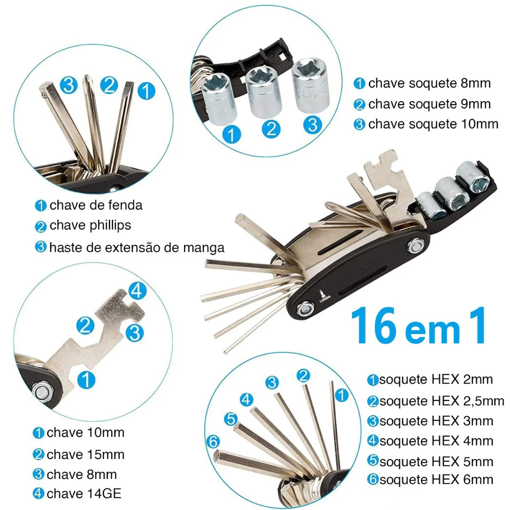 BikeFix Pro™ – Kit Completo de Ferramentas para Bicicleta | Bomba, Chaves, Remendos e Mais 🚴♂️🔧