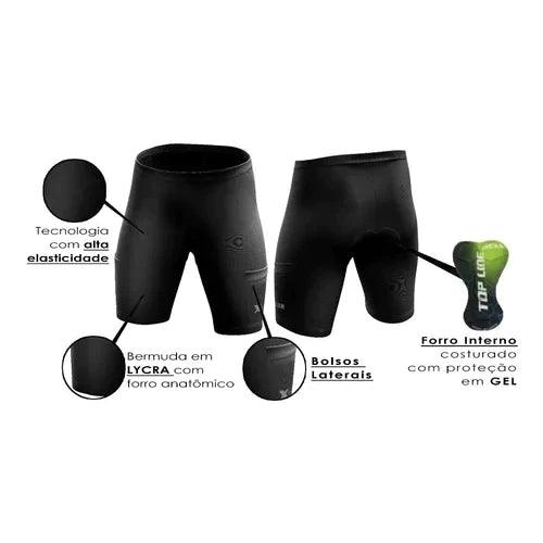 Kit Conjunto Ciclismo Camisa e Bermuda + Capacete MTB Led + Luvas Ciclismo + Óculos de Proteção