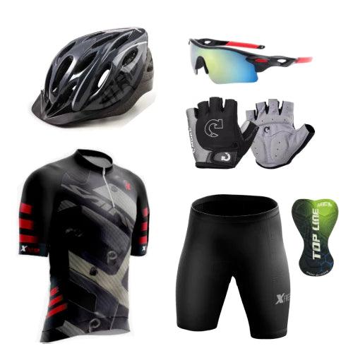 Kit Conjunto Ciclismo Camisa e Bermuda + Capacete MTB Led + Luvas Ciclismo + Óculos de Proteção