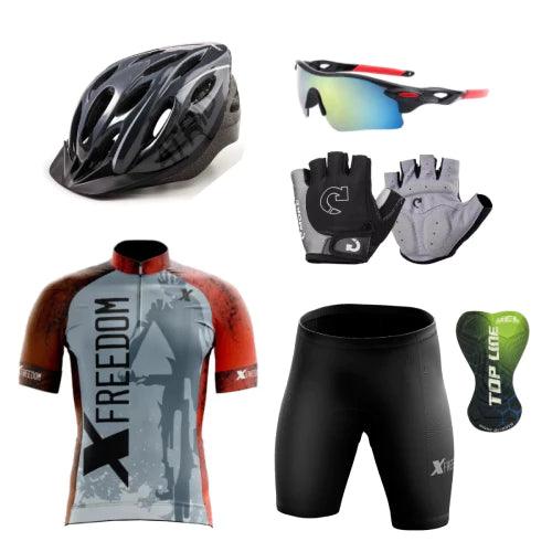 Kit Conjunto Ciclismo Camisa e Bermuda + Capacete MTB Led + Luvas Ciclismo + Óculos de Proteção