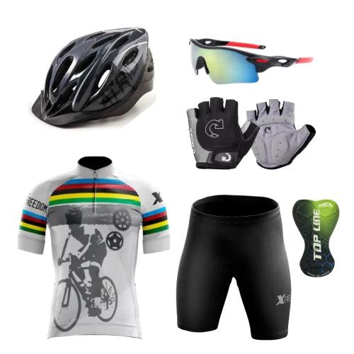 Kit Conjunto Ciclismo Camisa e Bermuda + Capacete MTB Led + Luvas Ciclismo + Óculos de Proteção