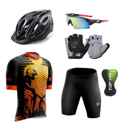 Kit Conjunto Ciclismo Camisa e Bermuda + Capacete MTB Led + Luvas Ciclismo + Óculos de Proteção