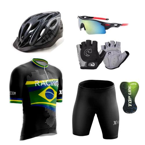 Kit Conjunto Ciclismo Camisa e Bermuda + Capacete MTB Led + Luvas Ciclismo + Óculos de Proteção