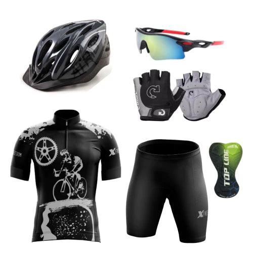 Kit Conjunto Ciclismo Camisa e Bermuda + Capacete MTB Led + Luvas Ciclismo + Óculos de Proteção
