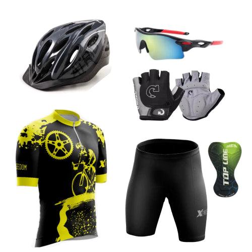 Kit Conjunto Ciclismo Camisa e Bermuda + Capacete MTB Led + Luvas Ciclismo + Óculos de Proteção