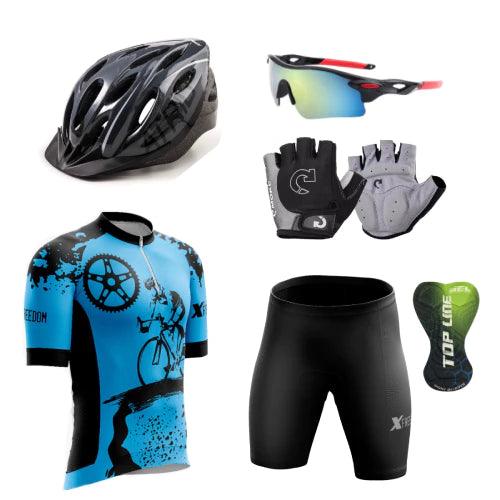 Kit Conjunto Ciclismo Camisa e Bermuda + Capacete MTB Led + Luvas Ciclismo + Óculos de Proteção