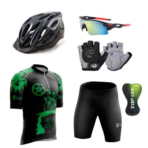Kit Conjunto Ciclismo Camisa e Bermuda + Capacete MTB Led + Luvas Ciclismo + Óculos de Proteção