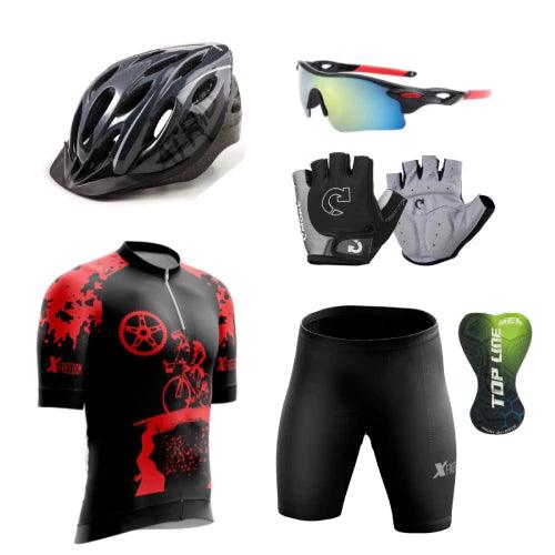 Kit Conjunto Ciclismo Camisa e Bermuda + Capacete MTB Led + Luvas Ciclismo + Óculos de Proteção