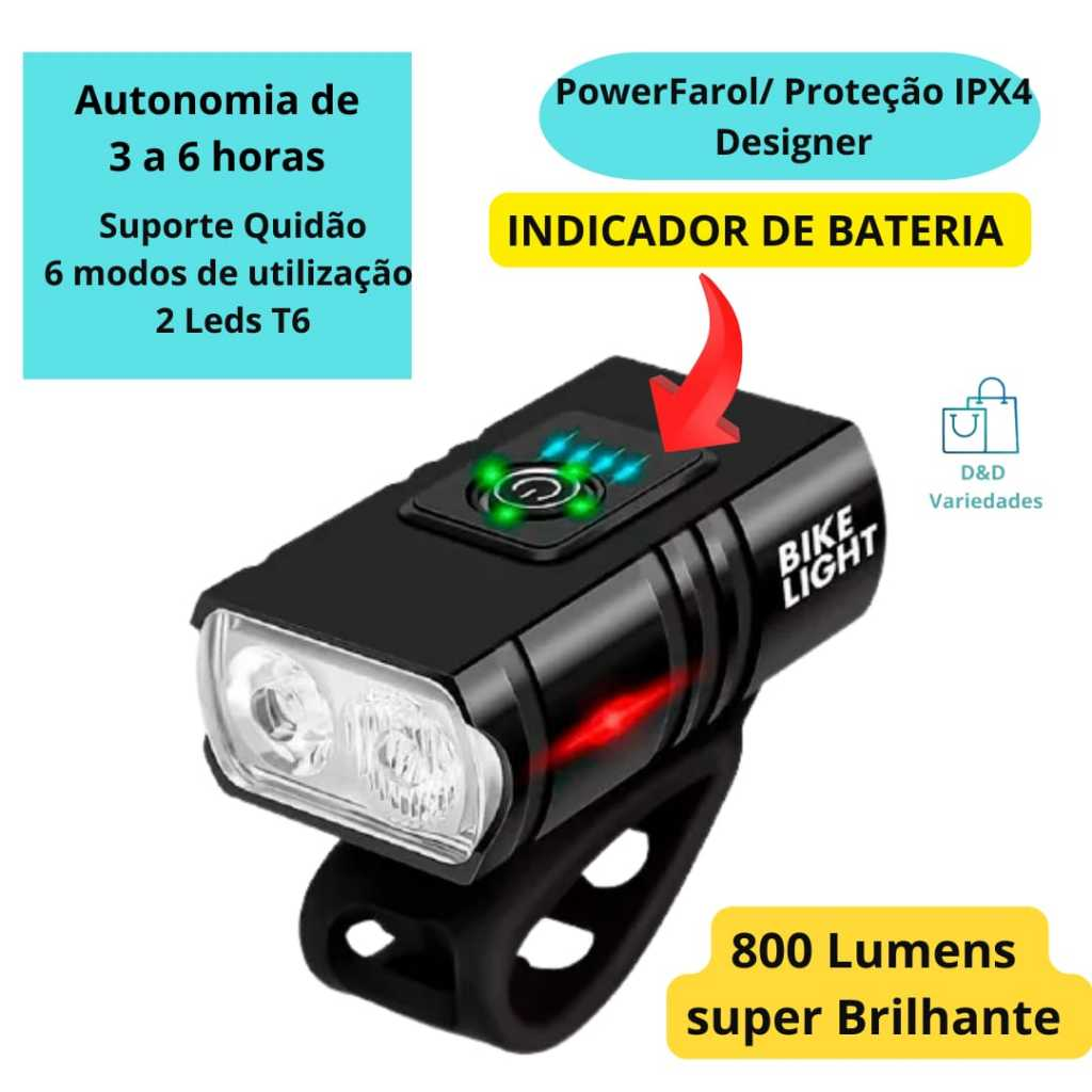 Farol De Bicicleta T6 Duplo 6000 Lumens Led Com Zoom 3 Focos 5 Modos + Lanterna Traseira/ Lateral USB 100 Lumens Bike