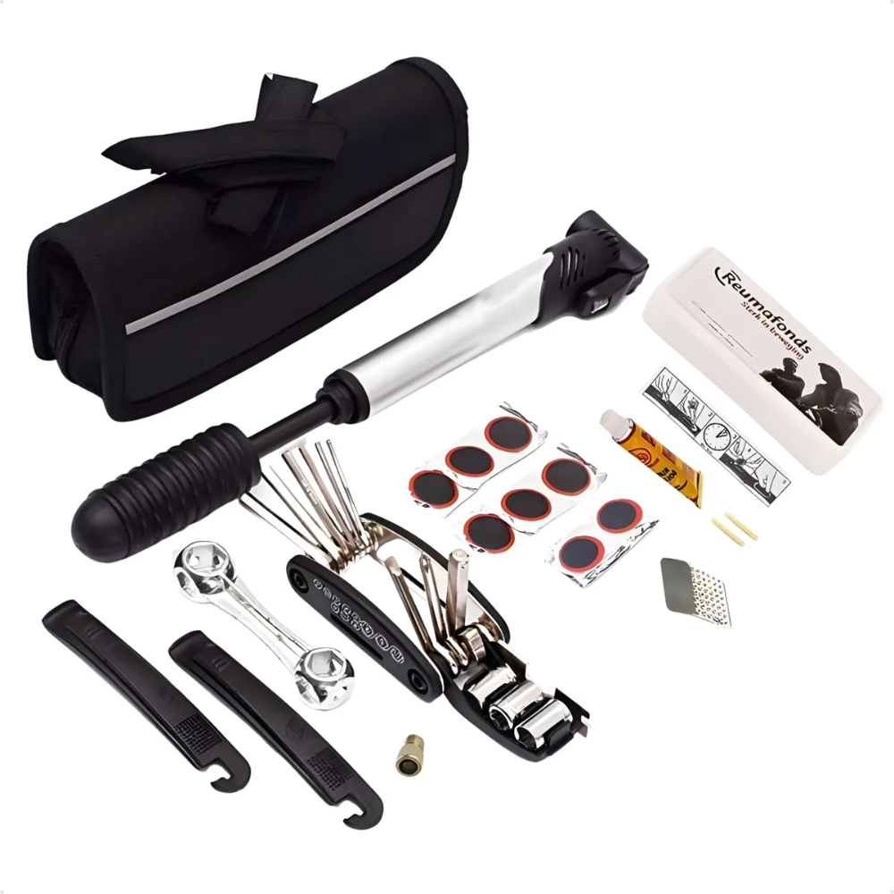 BikeFix Pro™ – Kit Completo de Ferramentas para Bicicleta | Bomba, Chaves, Remendos e Mais 🚴‍♂️🔧