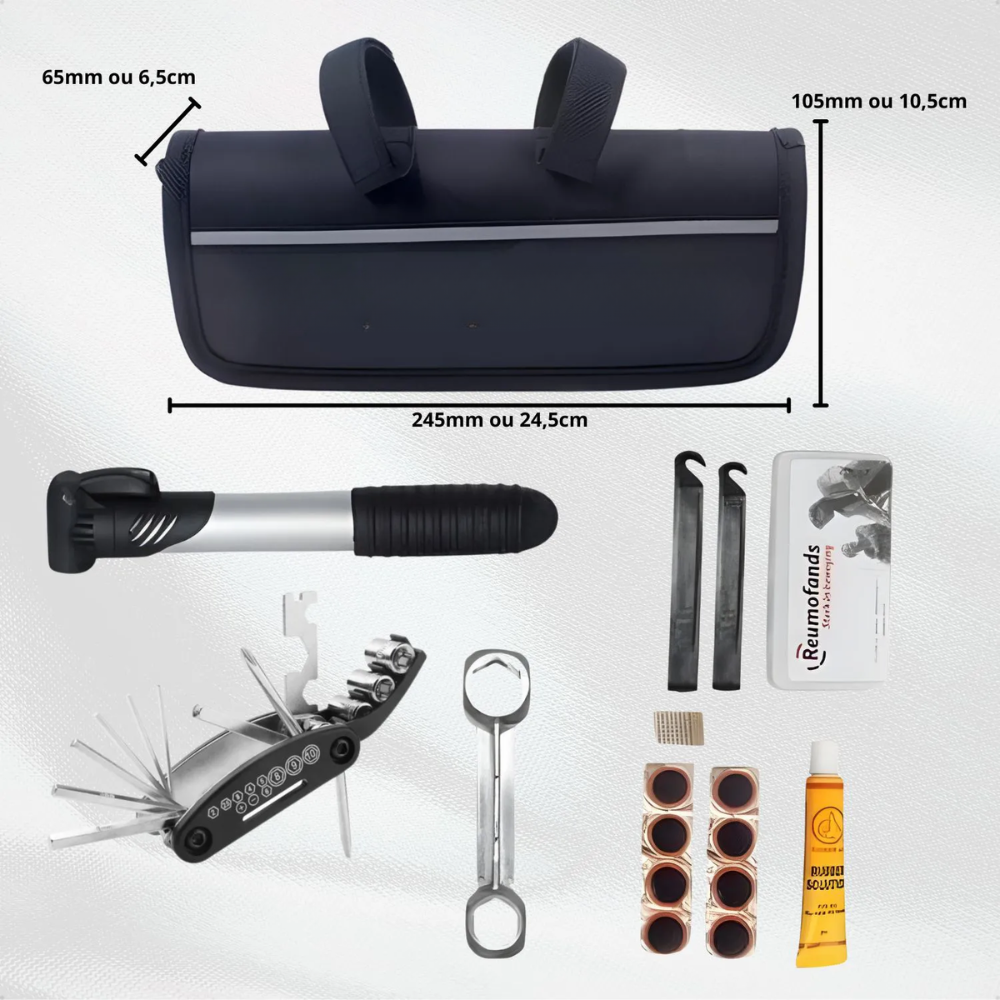 BikeFix Pro™ – Kit Completo de Ferramentas para Bicicleta | Bomba, Chaves, Remendos e Mais 🚴‍♂️🔧