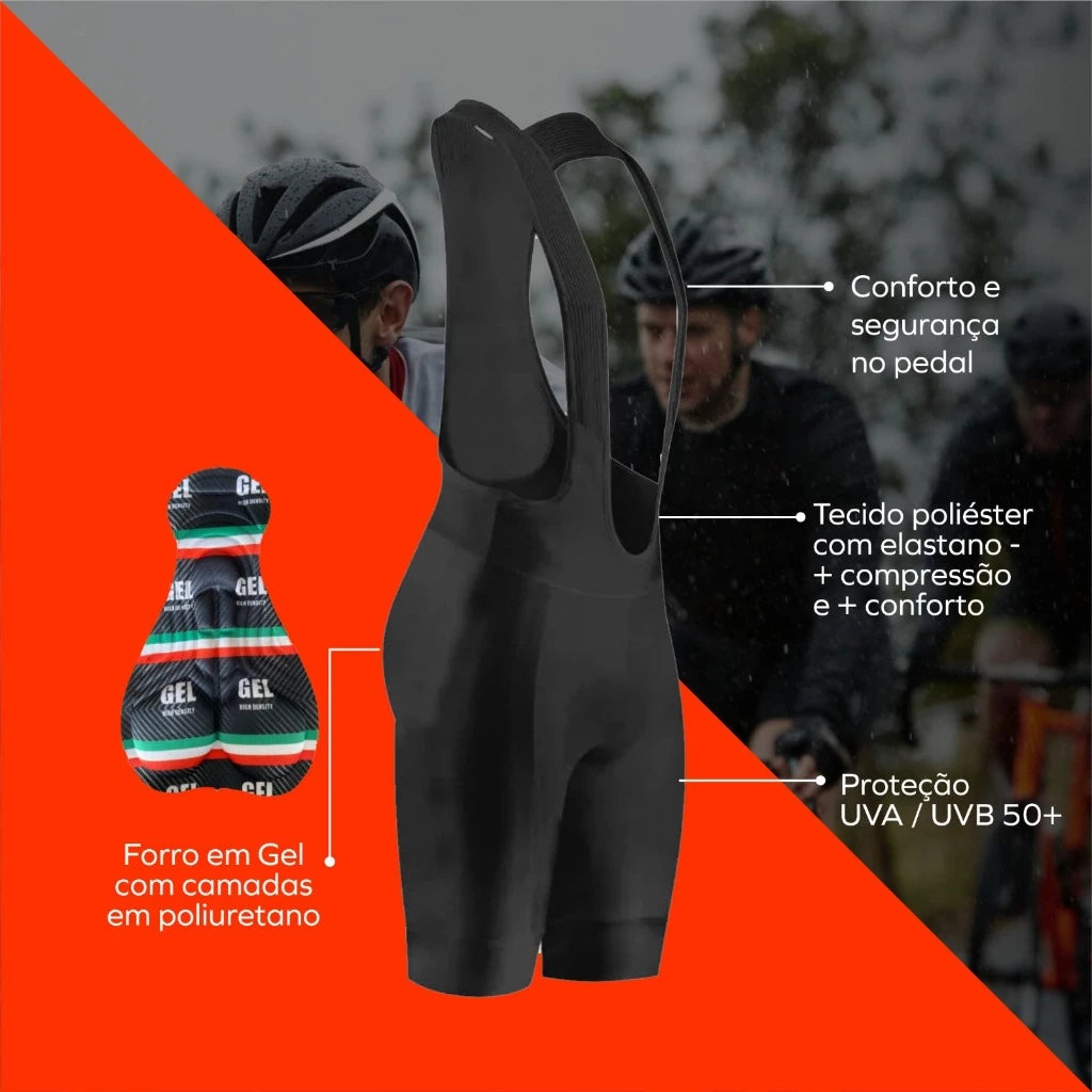 Kit Conjunto Ciclismo Masculino Camisa e Bretelle Short Forro Gel Roupa Ciclista Bike Pedal MTB