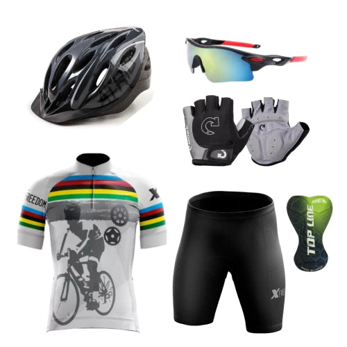 Kit Conjunto Ciclismo Camisa e Bermuda + Capacete MTB Led + Luvas Ciclismo  + Óculos de Proteção