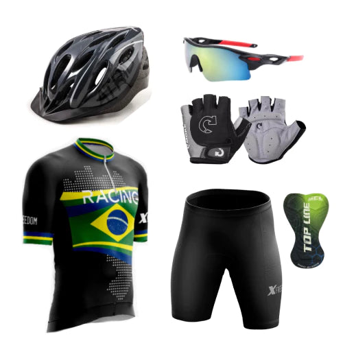 Kit Conjunto Ciclismo Camisa e Bermuda + Capacete MTB Led + Luvas Ciclismo  + Óculos de Proteção