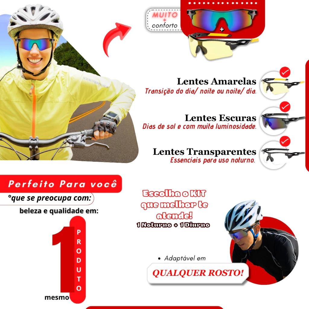 Óculos de Ciclismo KIT 2 Diurno + Noturno Bike MTB Esporte Óculos Bicicleta Corrida Lazer