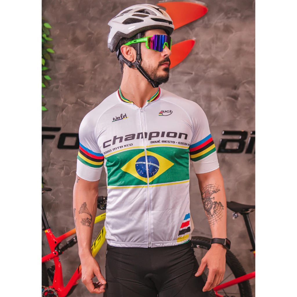 Kit Conjunto Ciclismo Masculino Camisa e Bretelle Short Forro Gel Roupa Ciclista Bike Pedal MTB